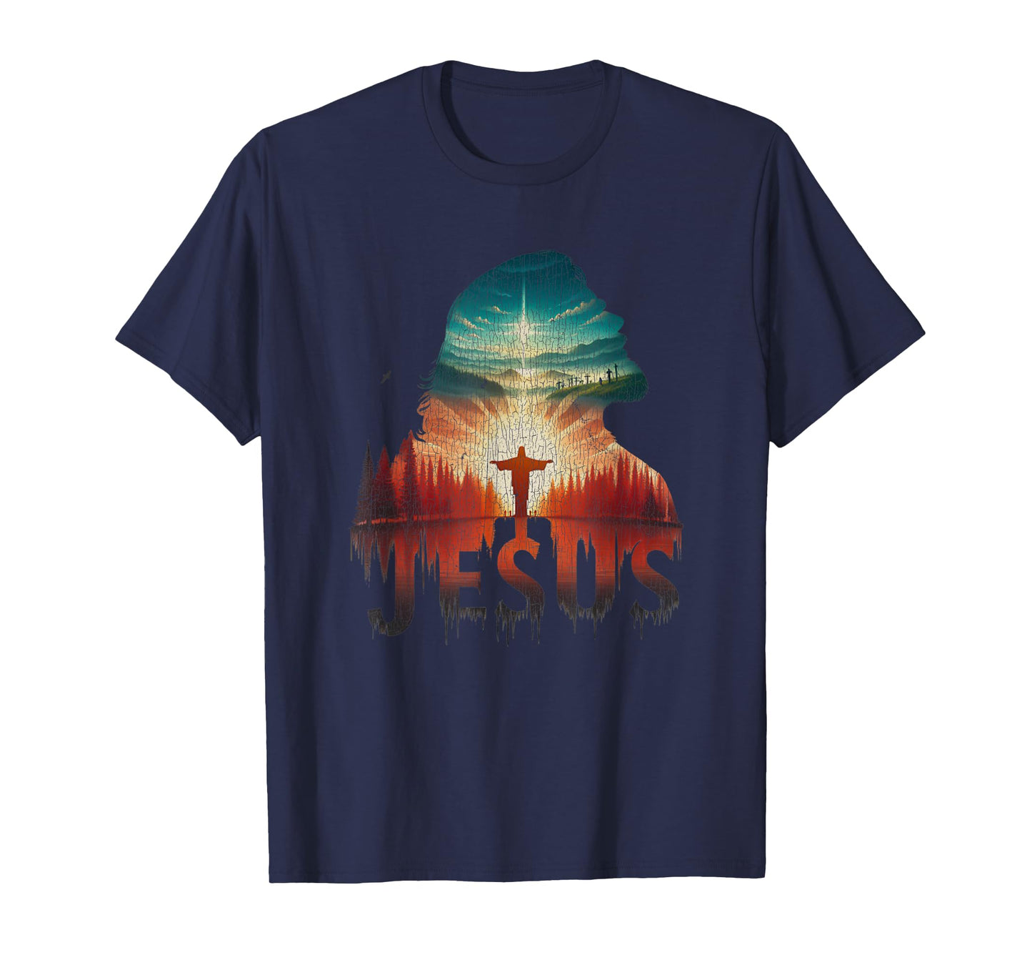 Vintage Jesus Christ Portrait Retro Sunset Mountain T-Shirt