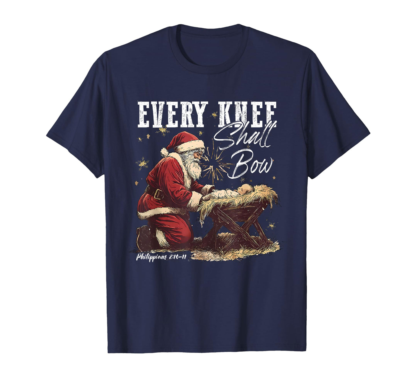 Retro Every Knee Shall Bow Santa Clause Religious Christmas T-Shirt
