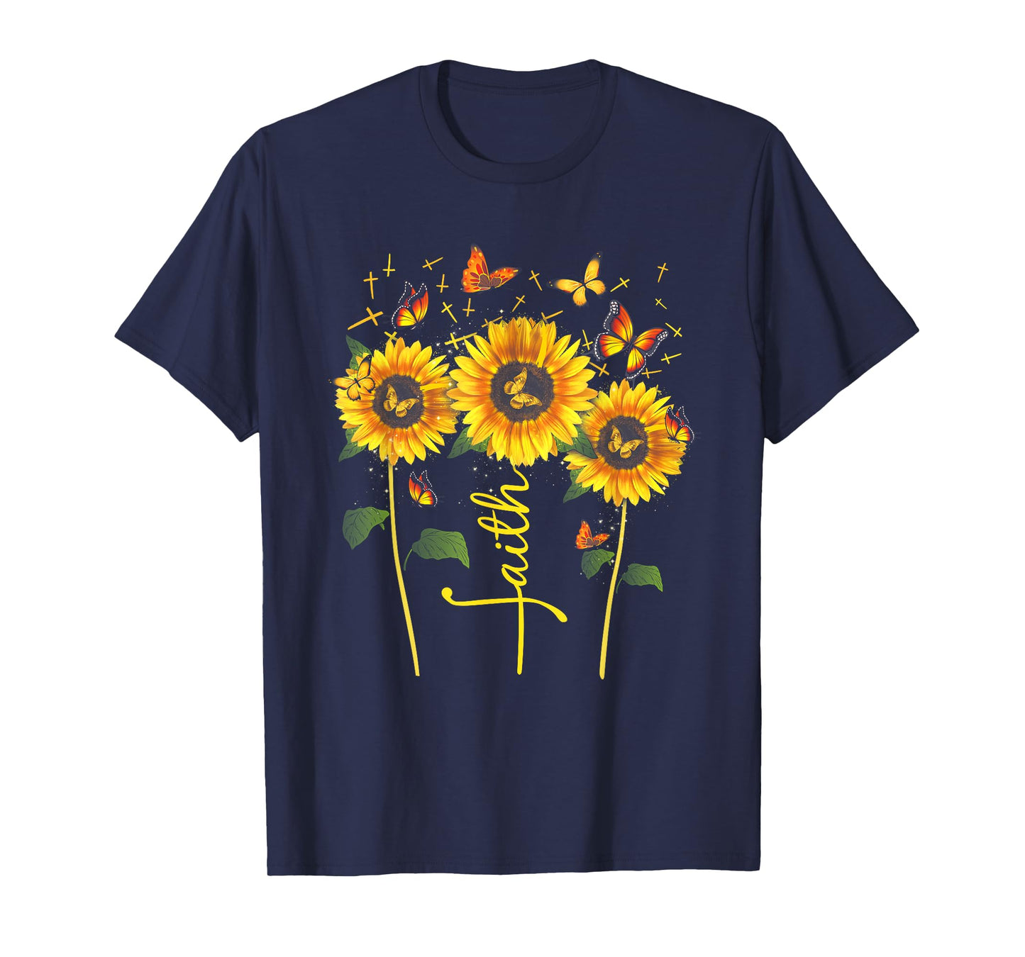 Vintage Faith Cross Sunflower Butterflies Flowers Christians T-Shirt