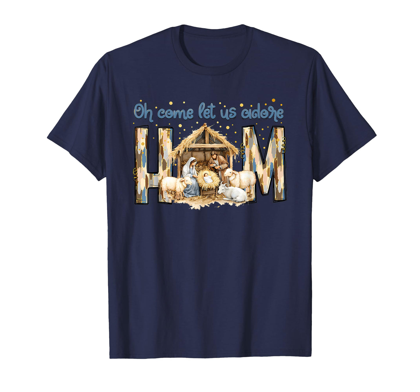 Oh Come Let Us Adore Him Vintage Jesus Christmas T-Shirt - Unisex-Adults, Unisex-Kids - Black - Small - Short Sleeve - Christmas-Themed Jesus T-Shirt