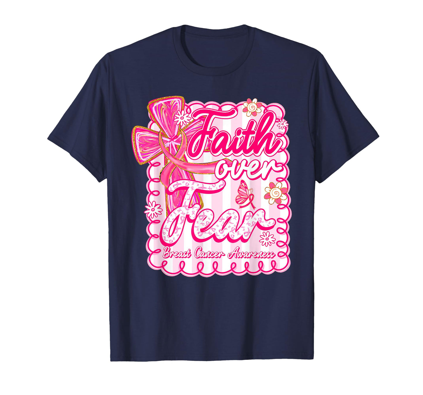 Faith Over Fear Coquette Bow Plaid Breast Cancer Awareness T-Shirt