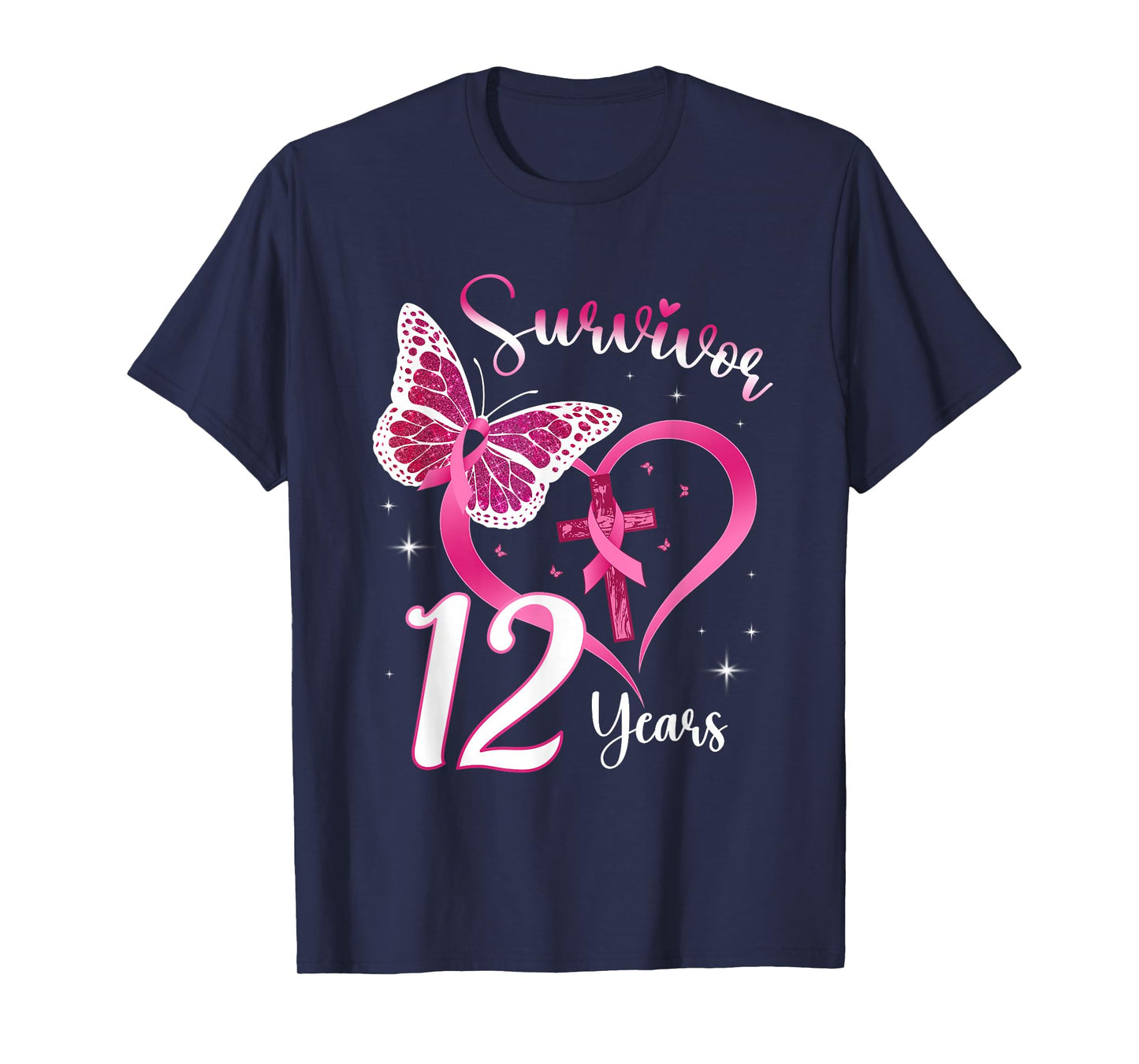 Breast Cancer Survivor Pink Ribbon Butterfly 12 Years Gift T-Shirt