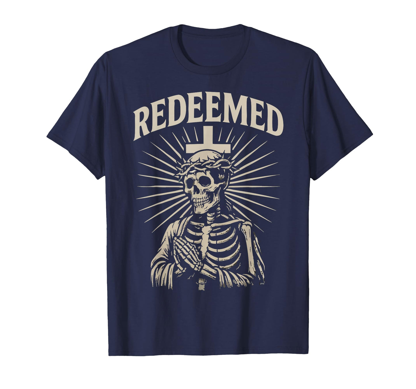 Redeemed Christian Skeleton Vintage Cross Crown of Thorns T-Shirt