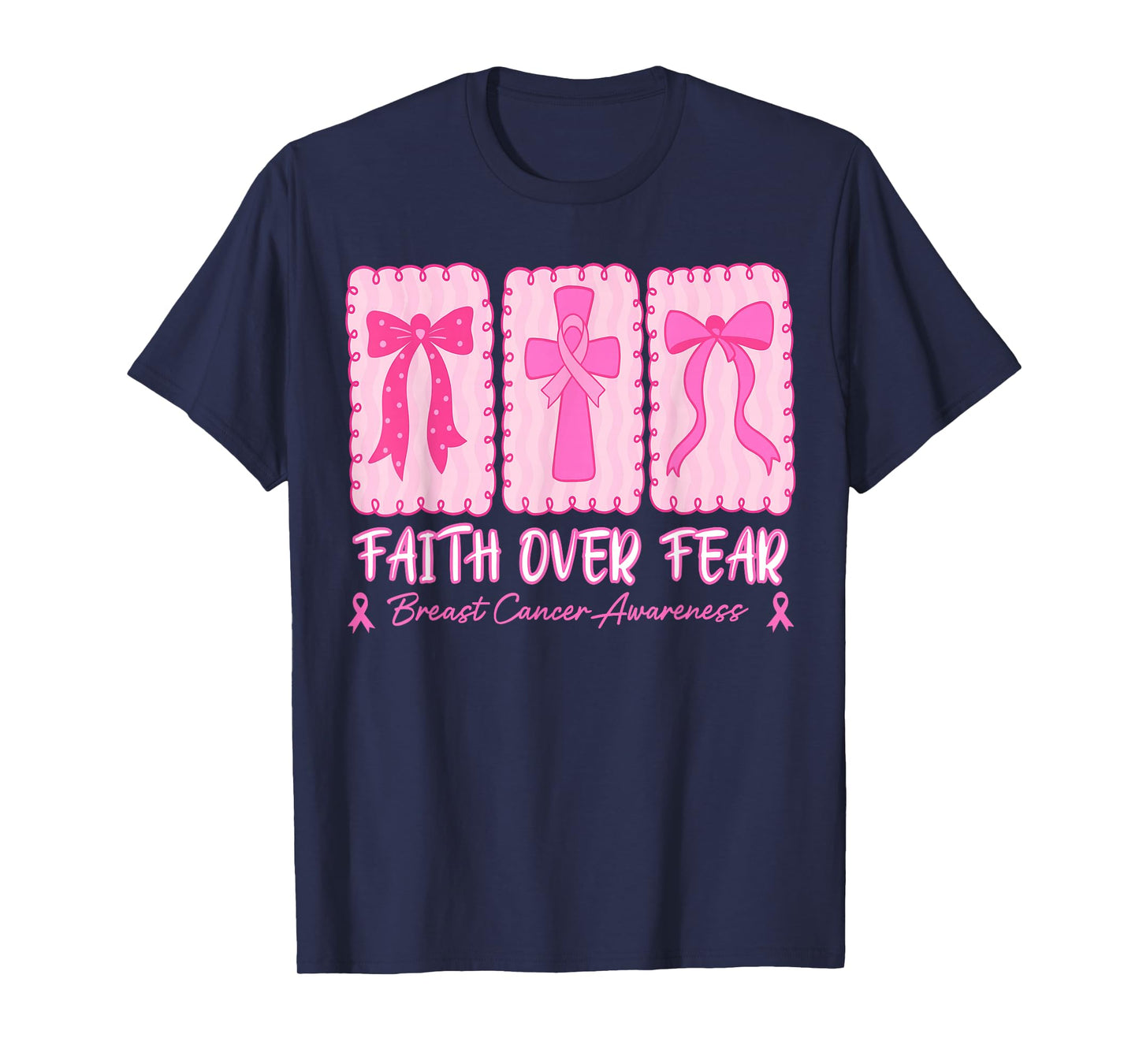 Retro Checkered Faith Over Fear, Jesus Cross Breast Cancer T-Shirt