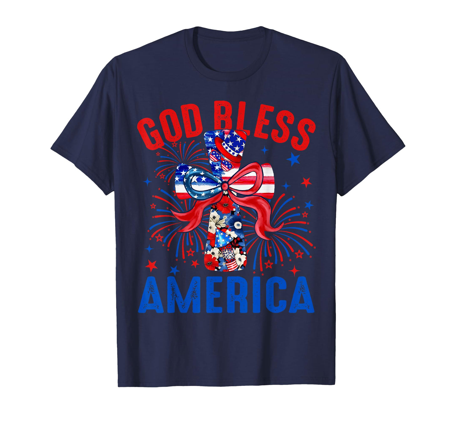 God Bless America Coquette Bow Cross 4th July Christian T-Shirt