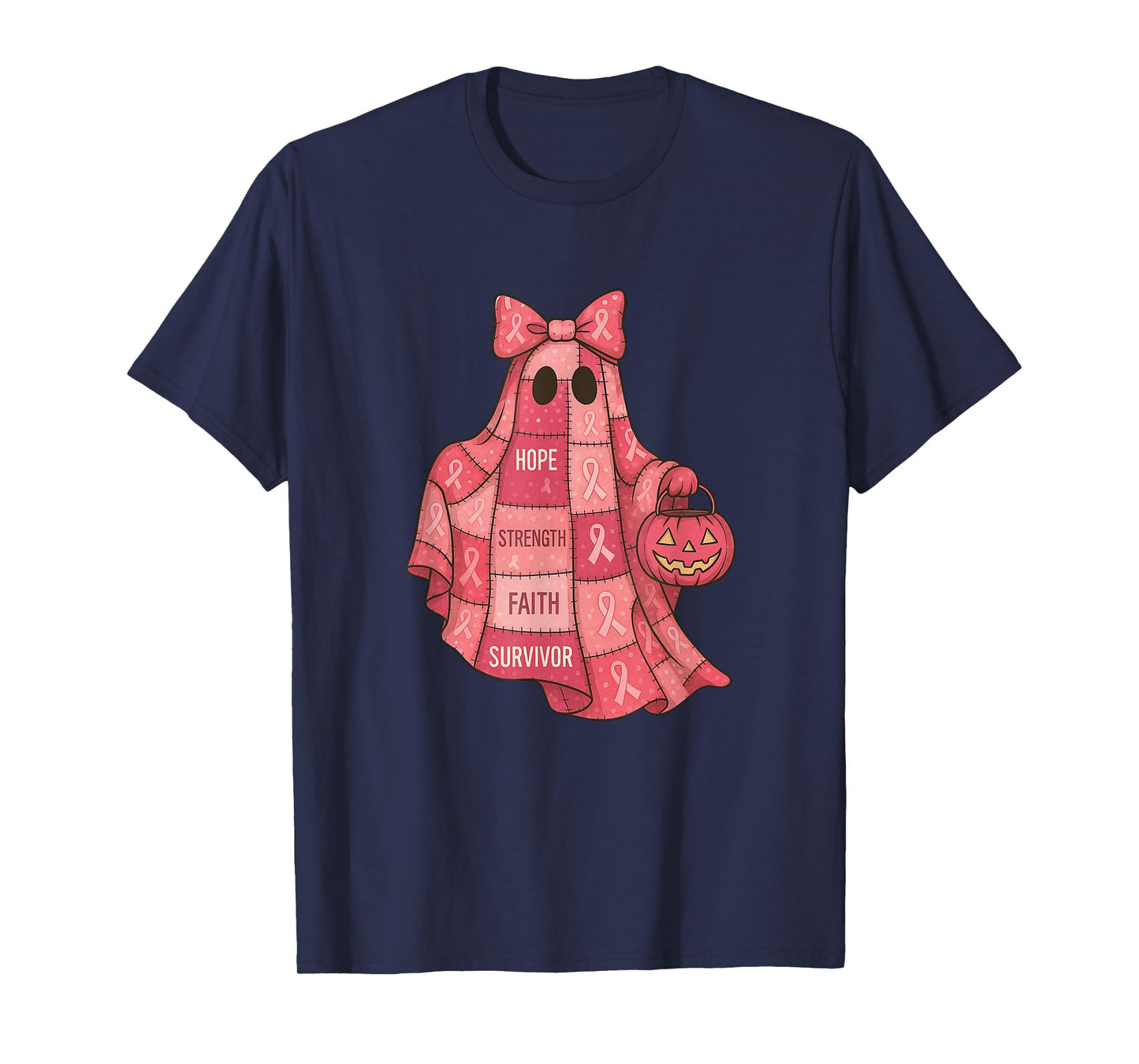 Breast Cancer Awareness Ghost, Pink Ribbon Patchwork Ghost T-Shirt