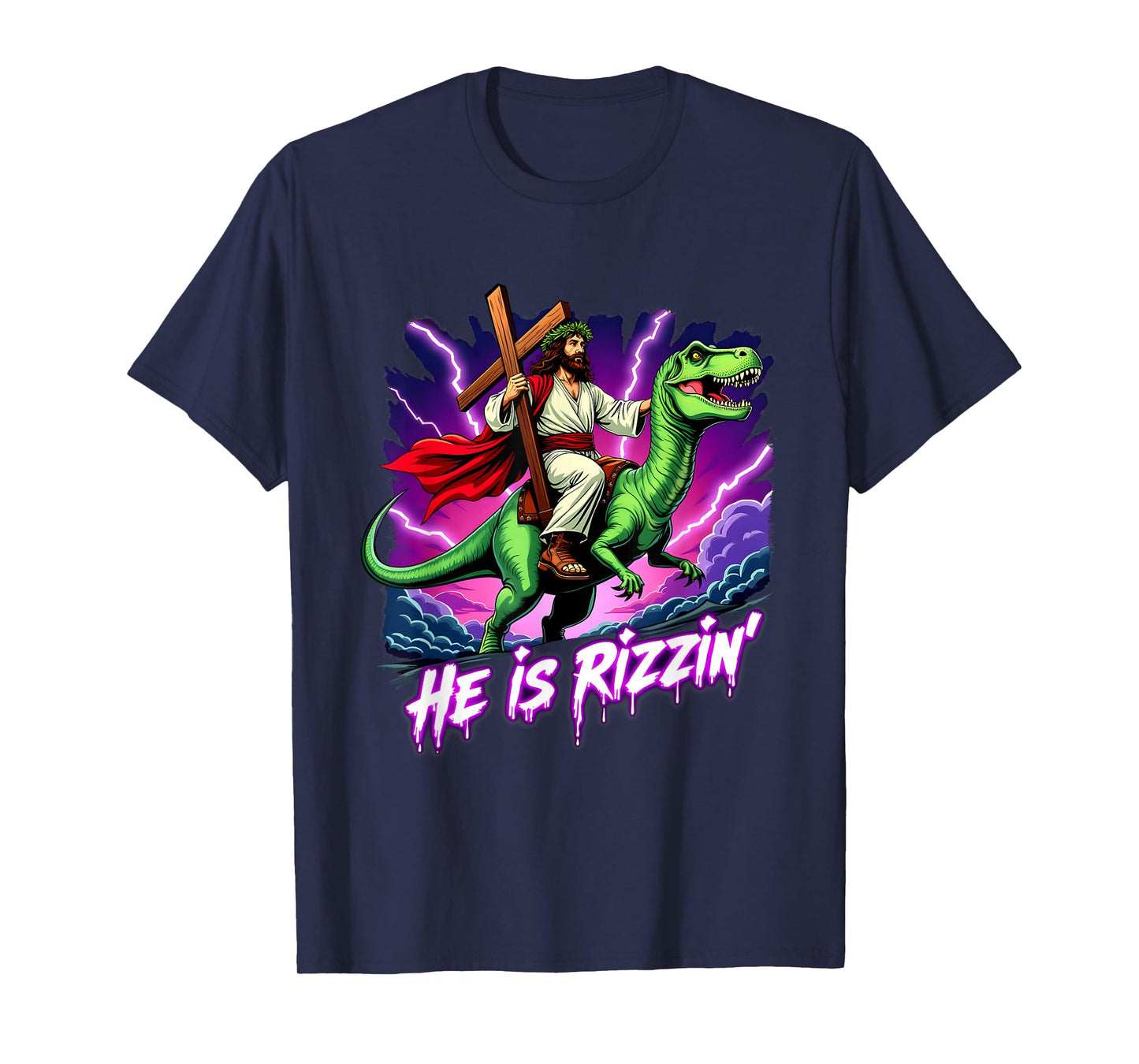Retro Jesus Christian He Is Rizzin' Riding T-Rex Dinosaur T-Shirt