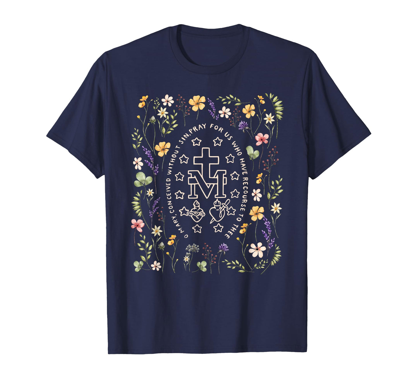 Miraculous Medal Floral Marian Catholic Mary Christian T-Shirt