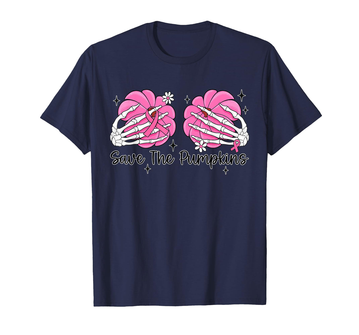Skeleton Hand Boobs Save The Pumpkin Breast Cancer Halloween T-Shirt