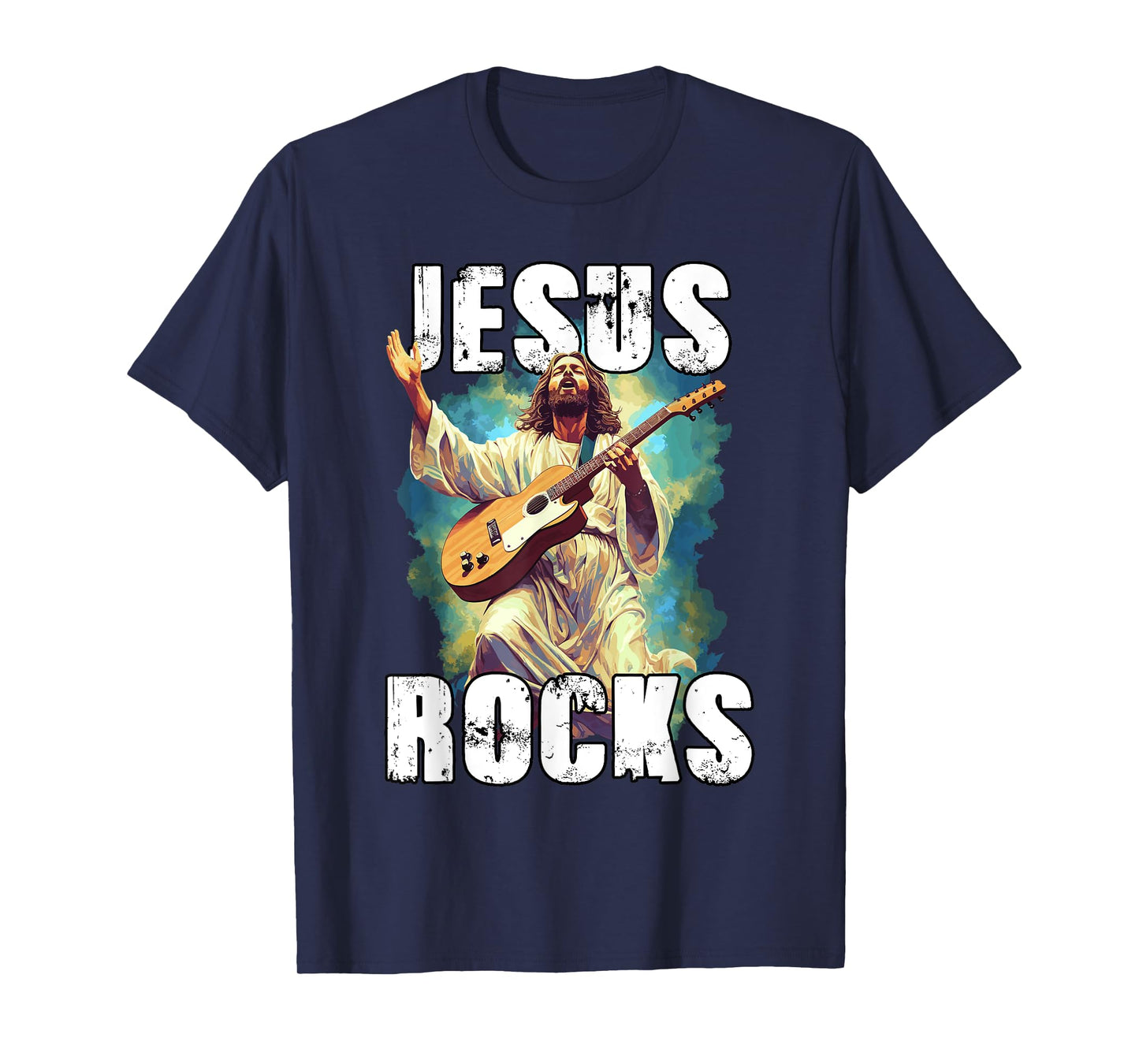 Jesus Rocks With Guitar - Funny Christian Rocks Church T-Shirt
