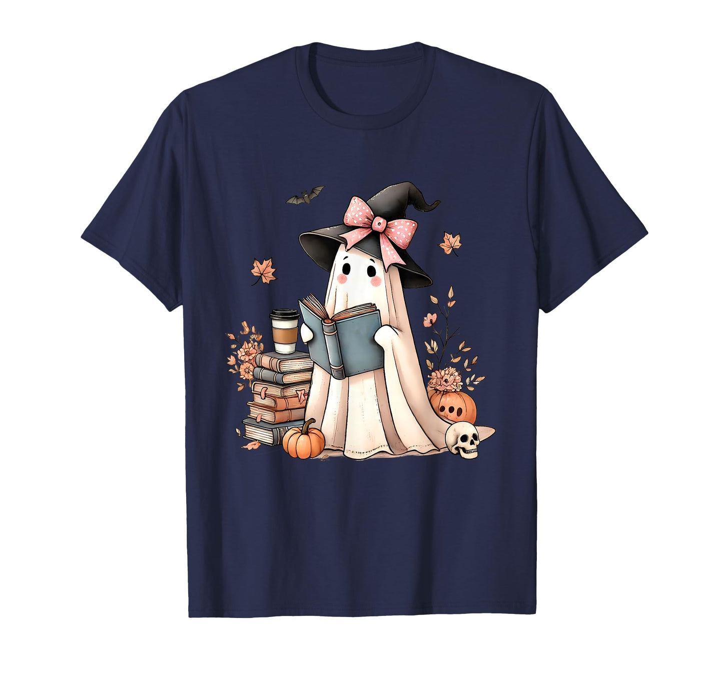 Cute Ghost Reading Book Lovers Halloween Ghost Coffee Women T-Shirt