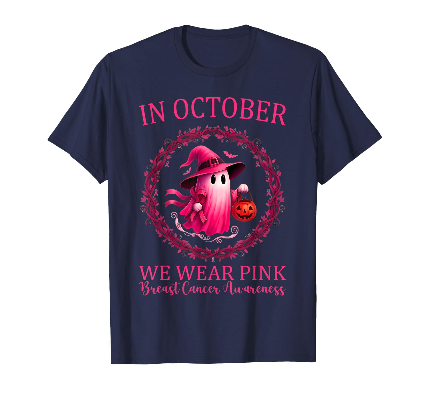 in October We Wear Pink Ribbon Ghost Breast Cancer Awareness T-Shirt