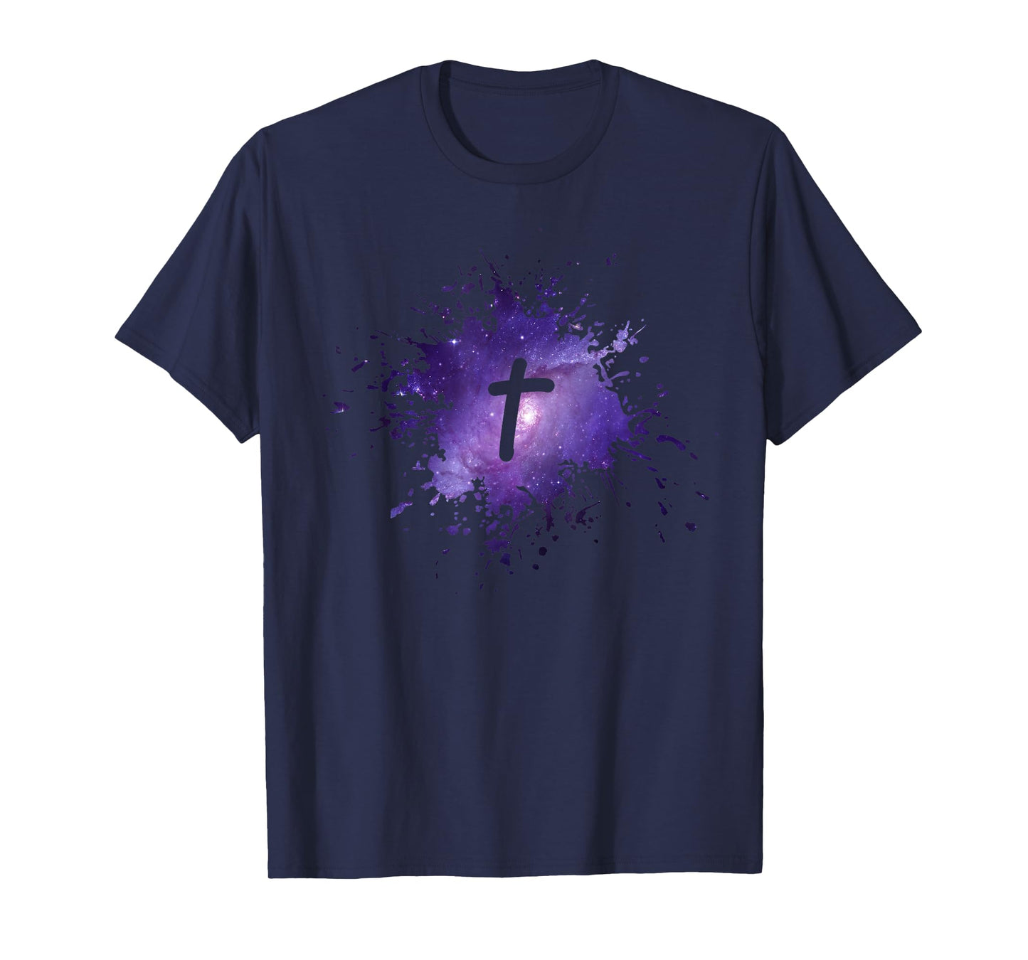 Purple Galaxy Splatter Design with Cross Christian Men Women T-Shirt