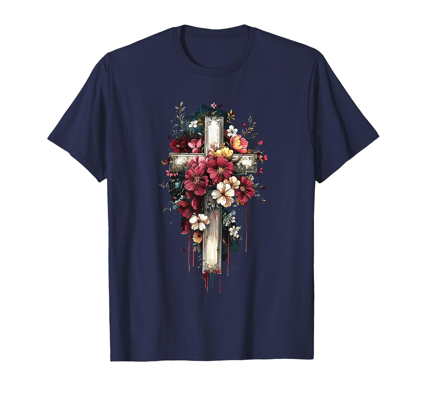 Retro Faith Floral Cross Flowers Blooming Cross Christian T-Shirt