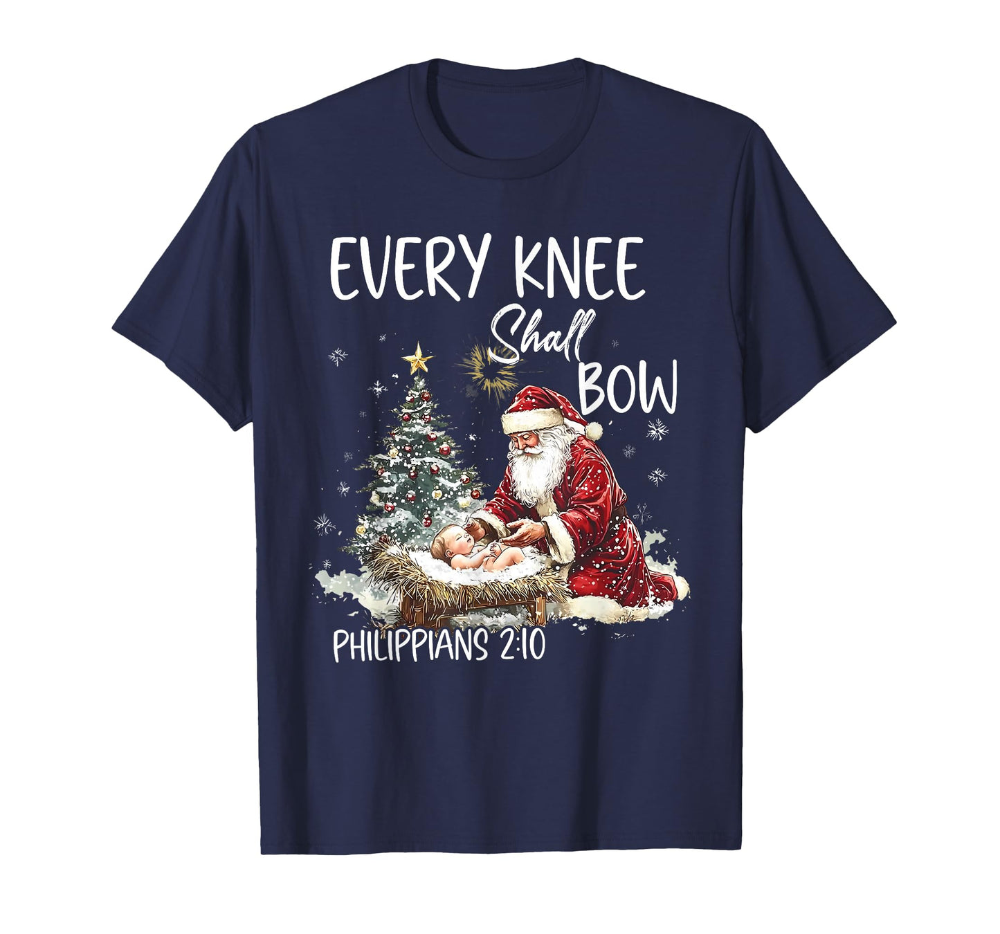 Vintage Every Knee Shall Bow Santa Clause Religious Xmas T-Shirt