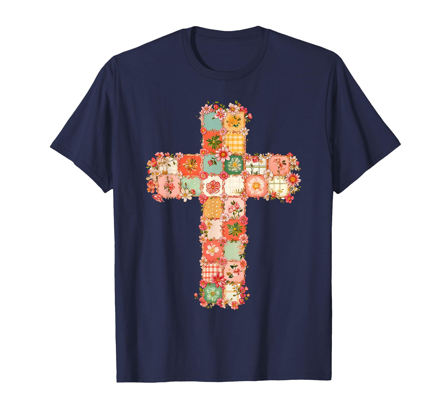 Vintage Christian Cross Floral Patchwork Religious Jesus T-Shirt