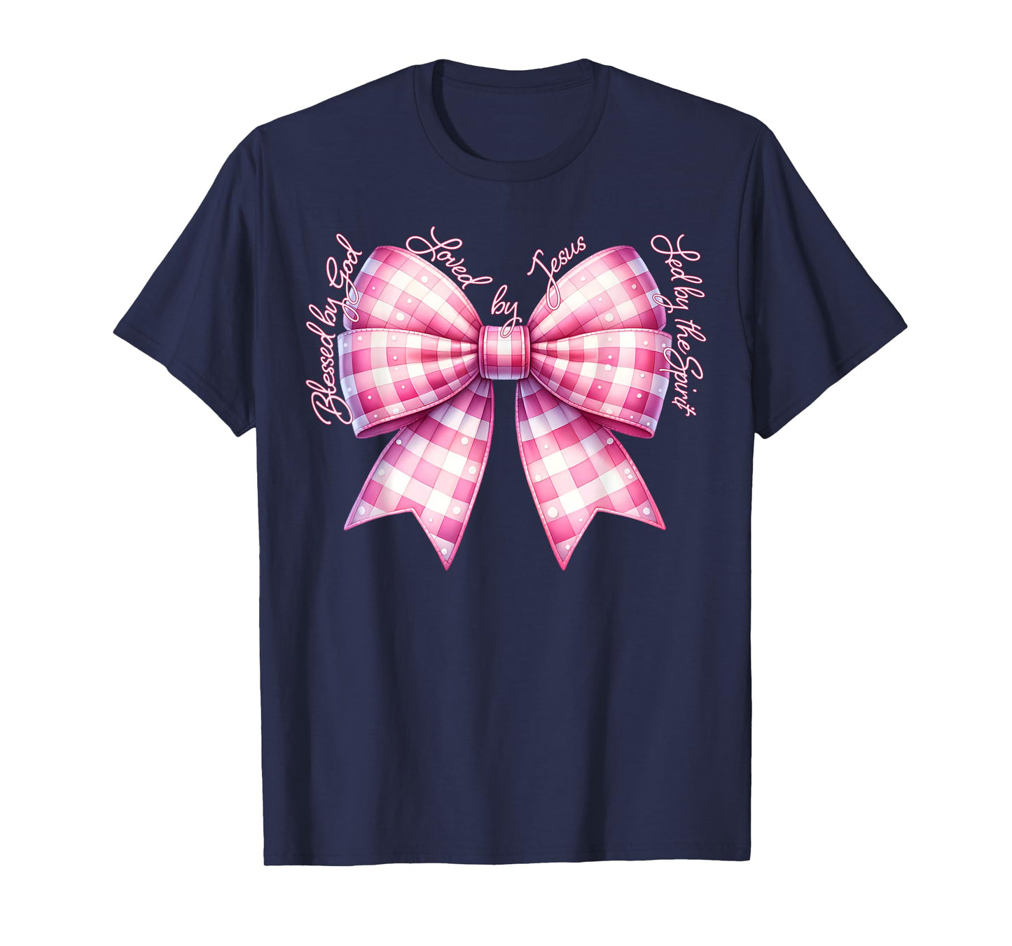 Blessed By God Loved By Jesus Pink Gingham Coquette Bow T-Shirt