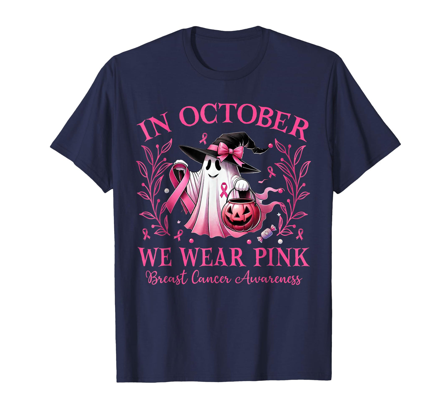 in October We Wear Pink Ghost Witch Breast Cancer Awareness T-Shirt