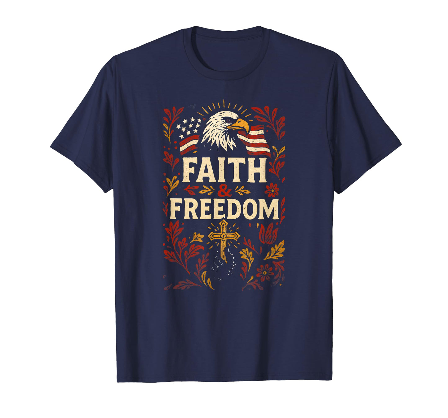 Patriotic Cross Faith Freedom Vintage Mens Christian T-Shirt