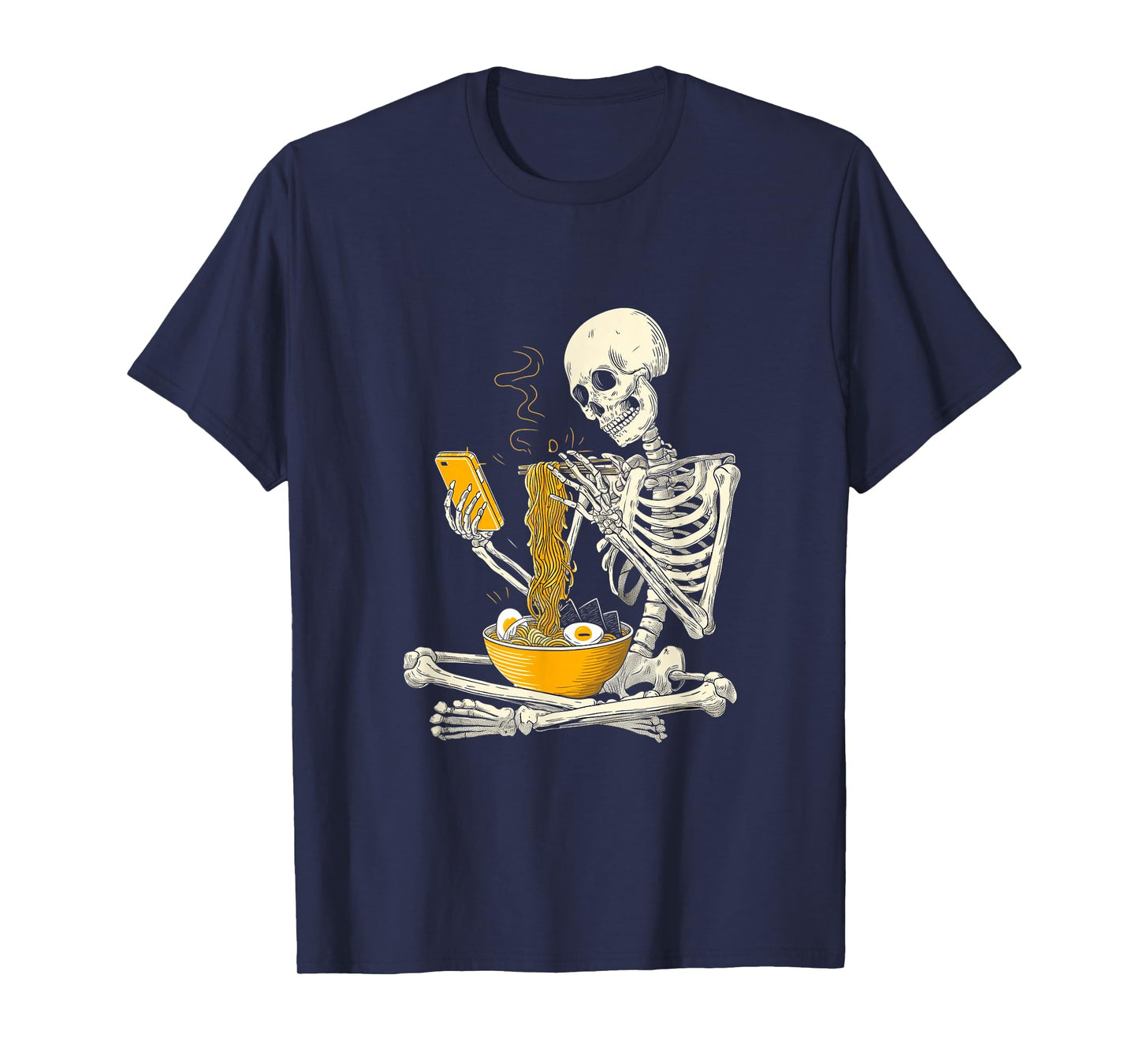 Funny Skeleton Eat Ramen Noodles Scroll Phone Halloween T-Shirt