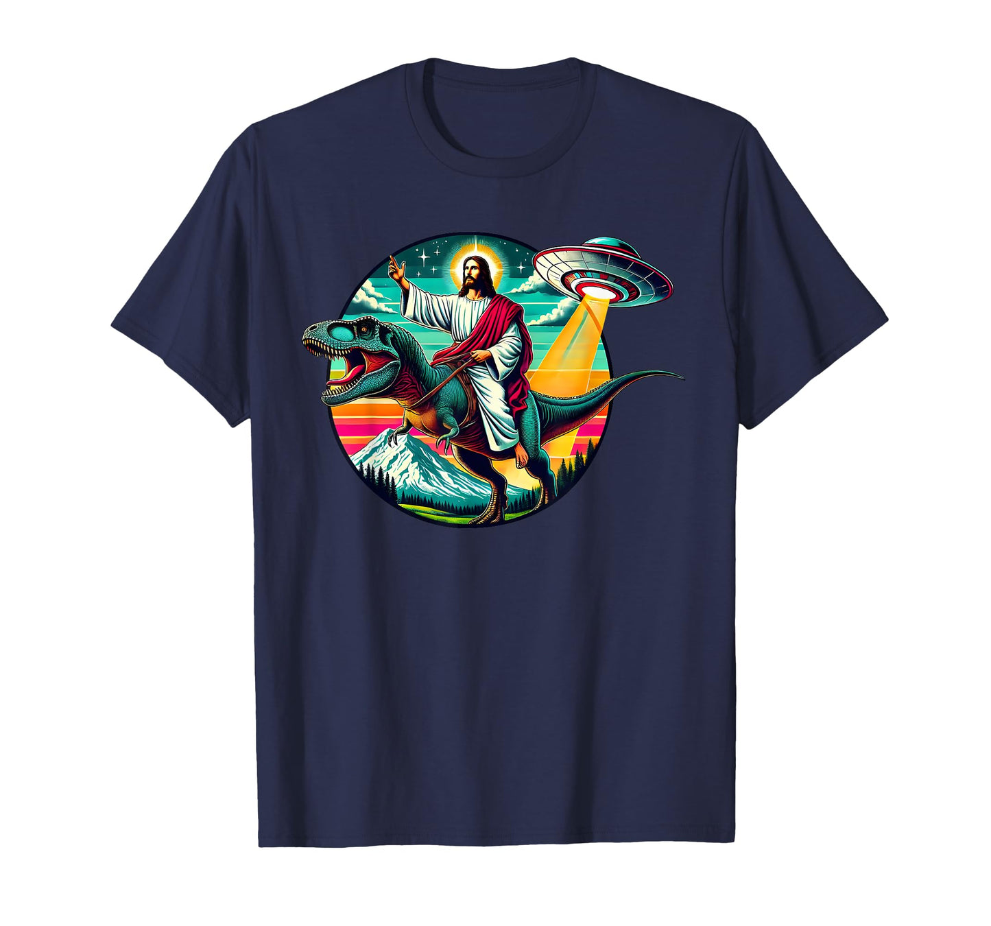 Jesus Riding Dinosaur UFO Alien Cross Religious Retro God T-Shirt
