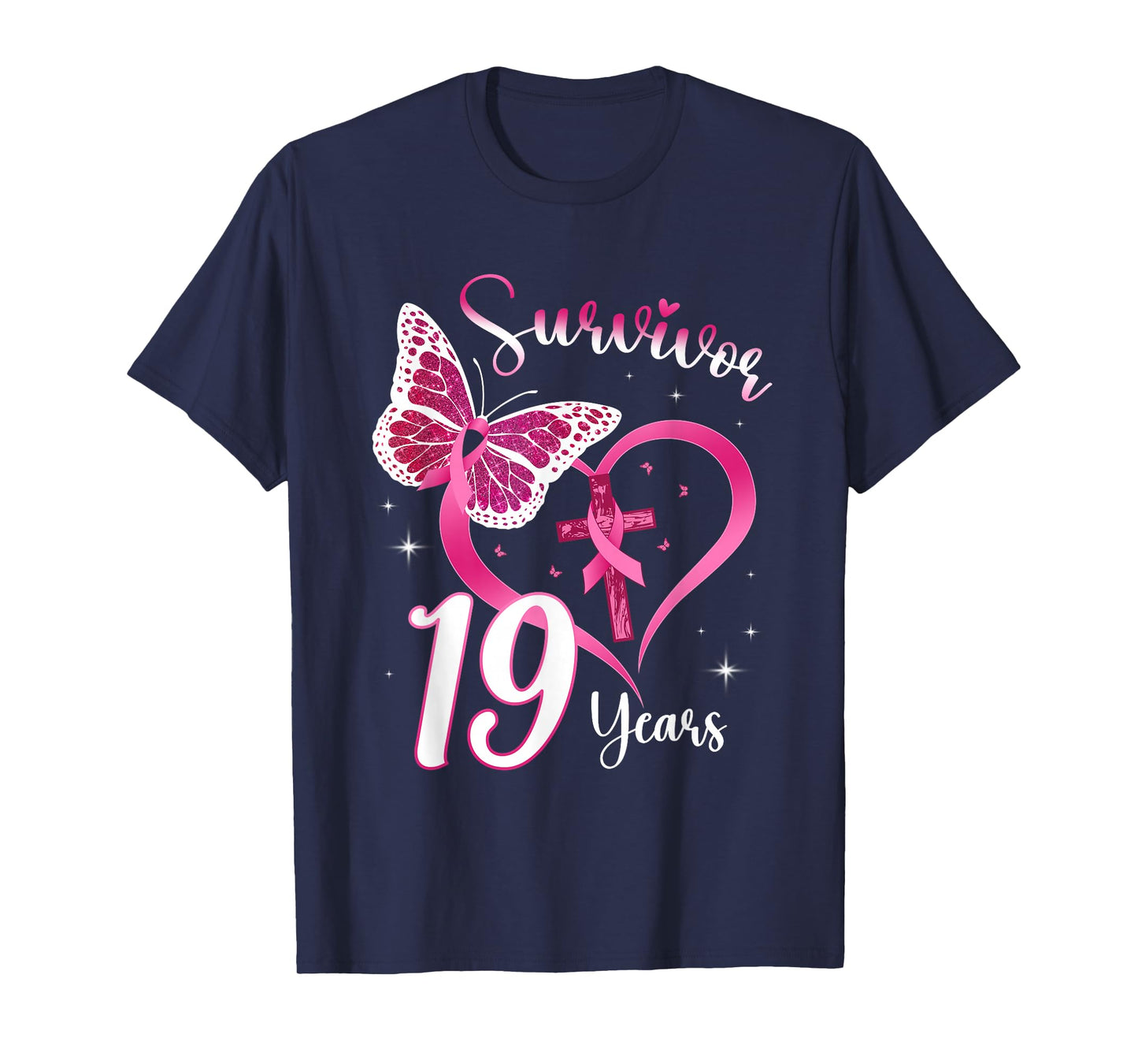 Breast Cancer Survivor Pink Ribbon Butterfly 19 Years Gift T-Shirt