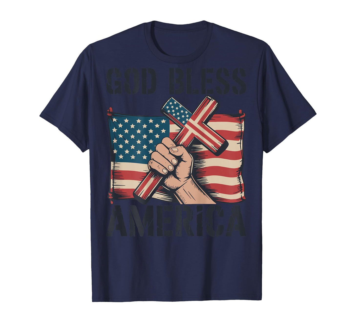 Mens God Bless American Flag Christian Patriotic Cross Jesus T-Shirt