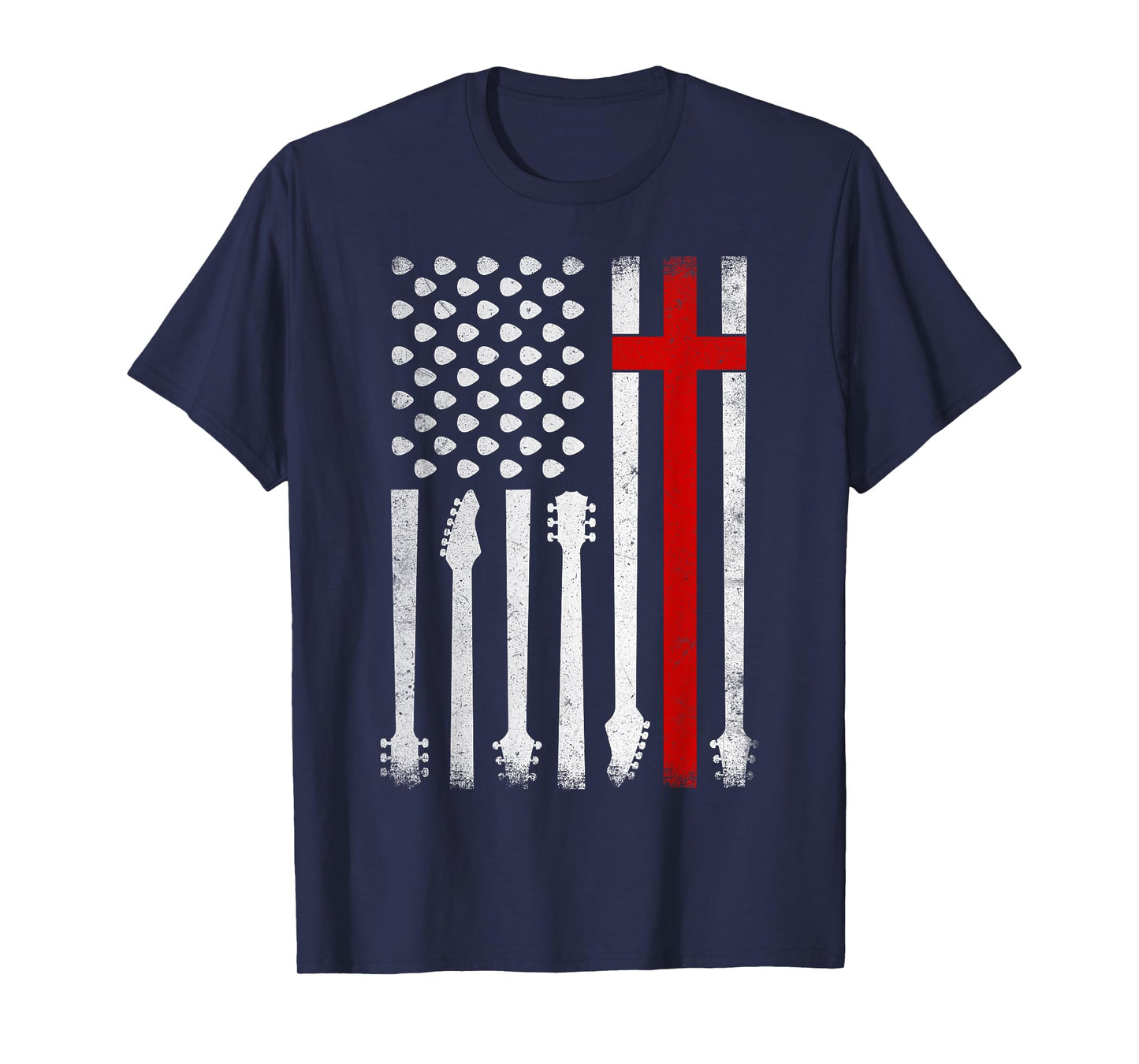 Vintage Guitar Cross US Flag Patriotic Christian Worship Women Kids Men T-Shirt