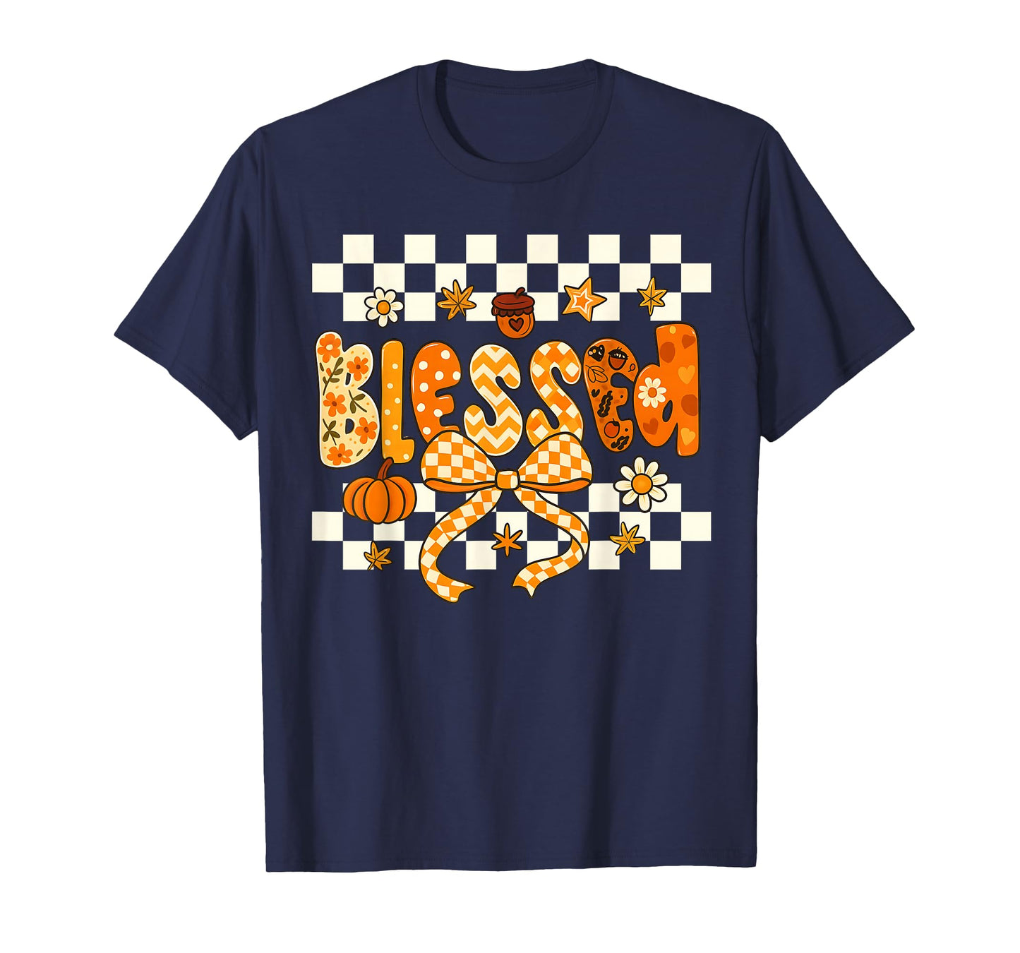 Blessed Checkerboard Pumpkin Autumn Christian Fall Thankful T-Shirt