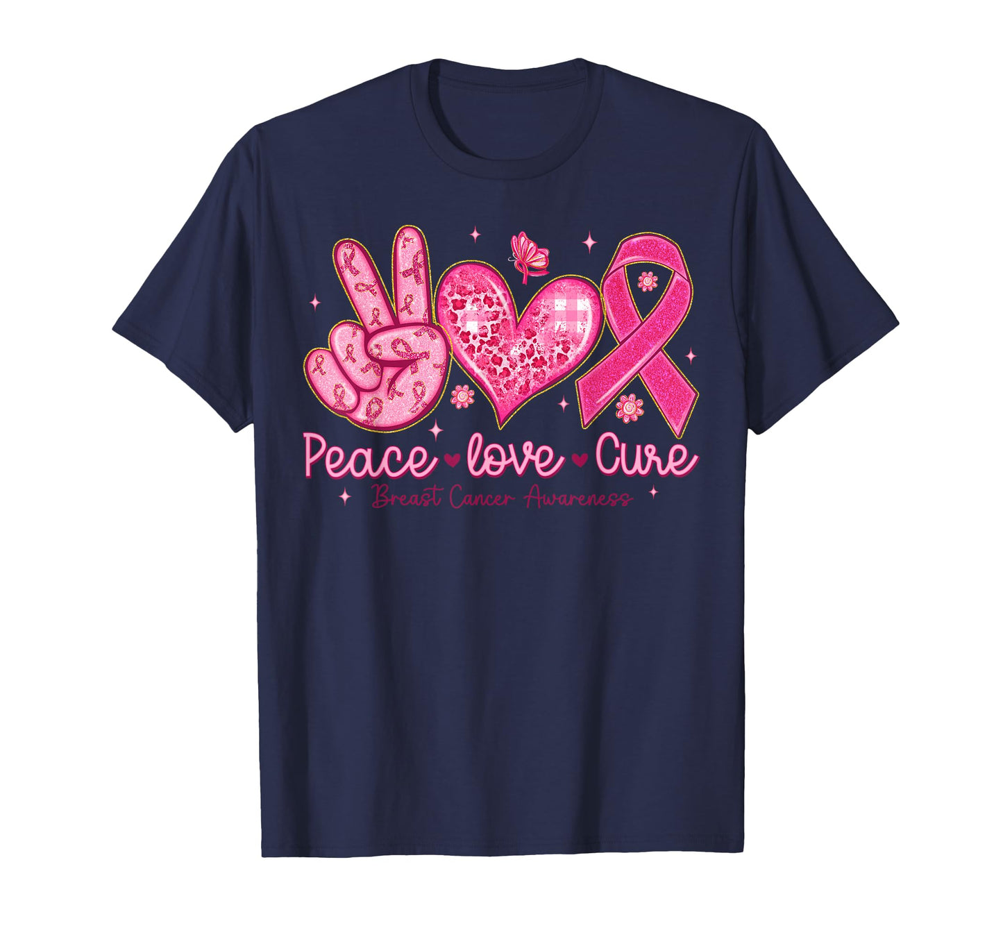 Breast Cancer Awareness Pink Ribbon Peace Love Cure Faith T-Shirt