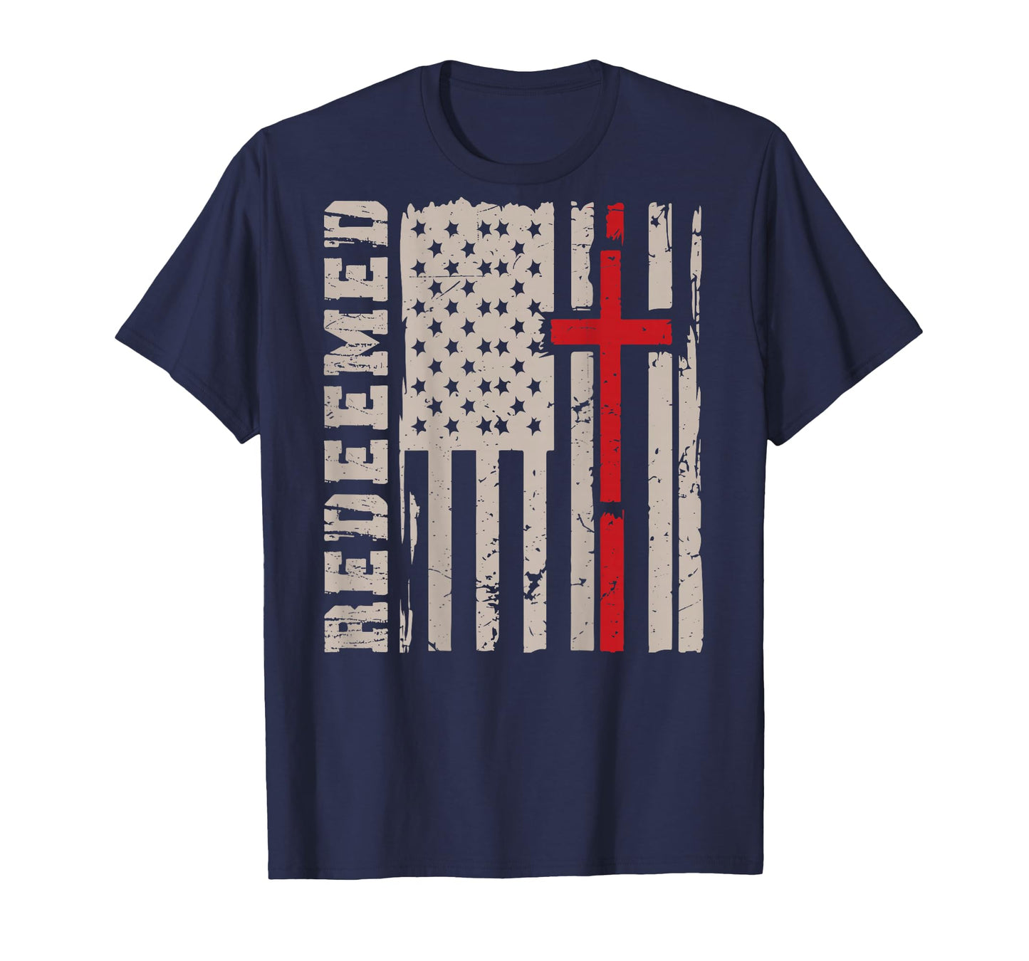 On-Back Redeemed Patriotic Christian Faith USA Flag Cross T-Shirt