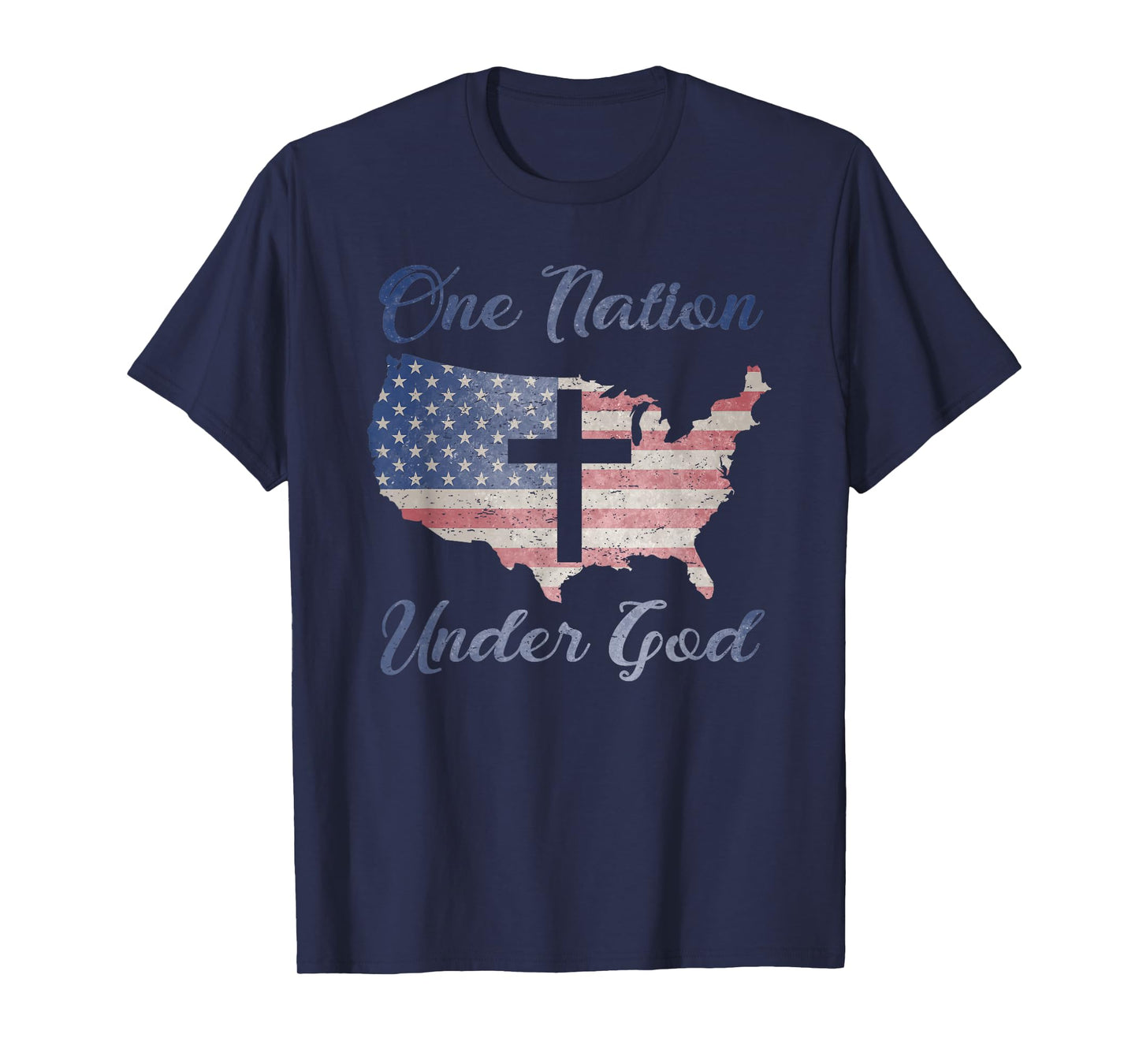 ONE NATION UNDER GOD Christian Cross American Flag USA Map T-Shirt