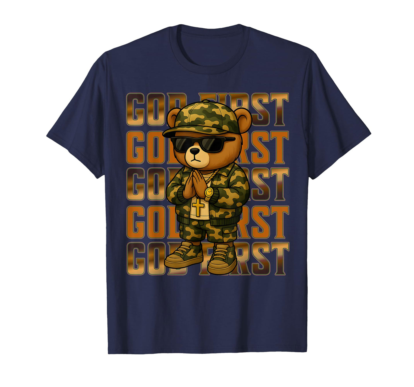 God First Camo Hip Hop Teddy Bear Christian Streetwear Men's T-Shirt
