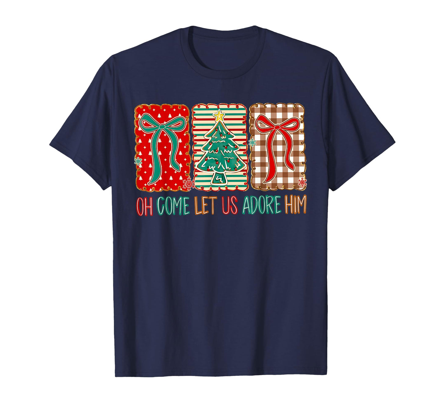 Preppy Christian Christmas Tree Oh Come Let Us Adore Him Bow T-Shirt