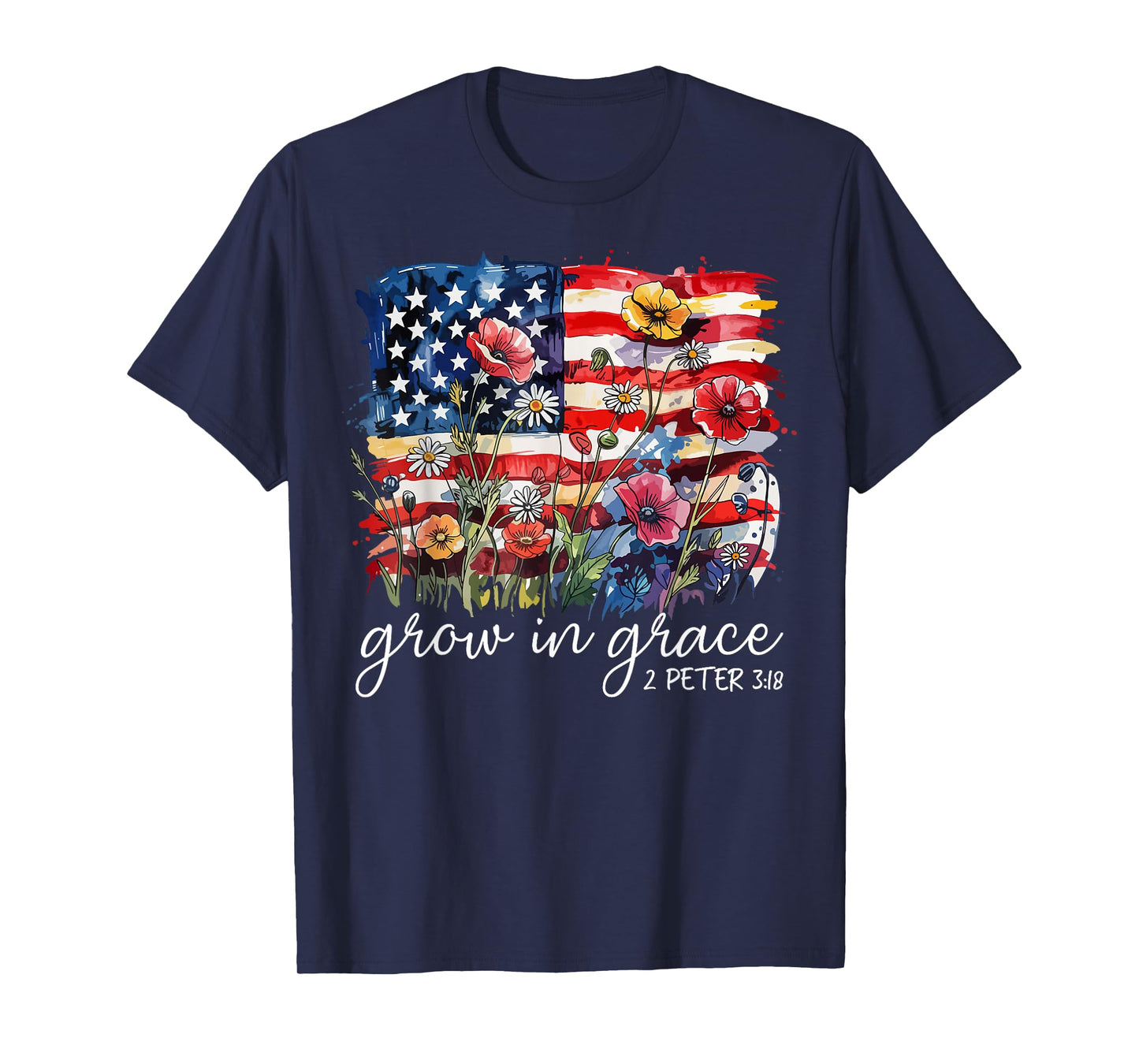 USA Flag Wildflower Grow In Grace Religious Faith Christ T-Shirt