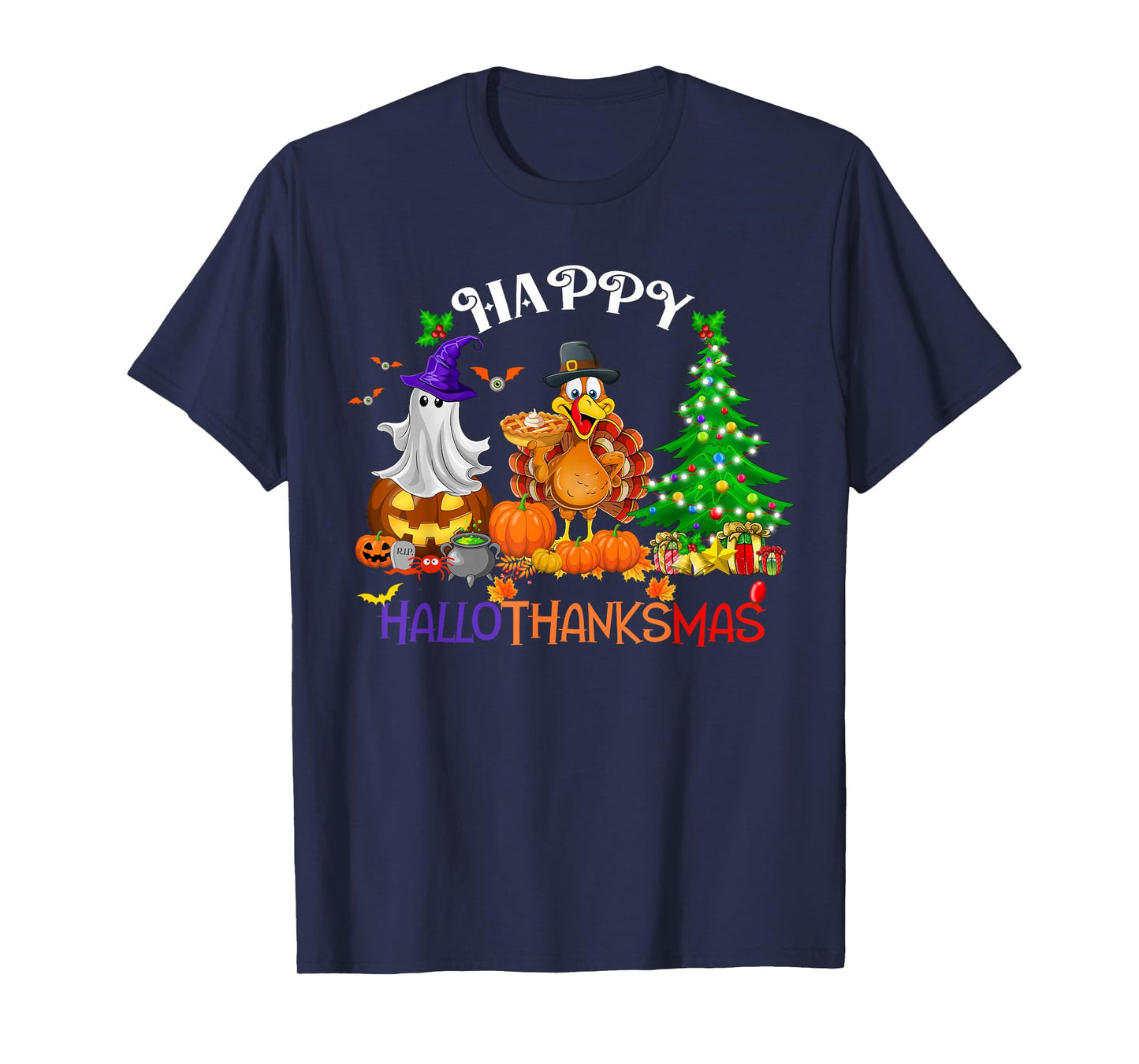 Retro Halloween Thanksgiving Christmas Happy HalloThanksMas T-Shirt