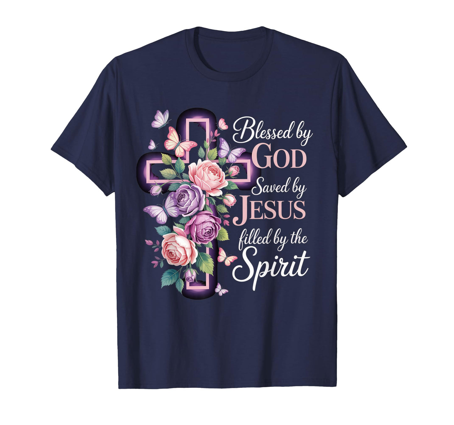 Blessed by God Saved by Jesus Purple Floral Cross Christian T-Shirt