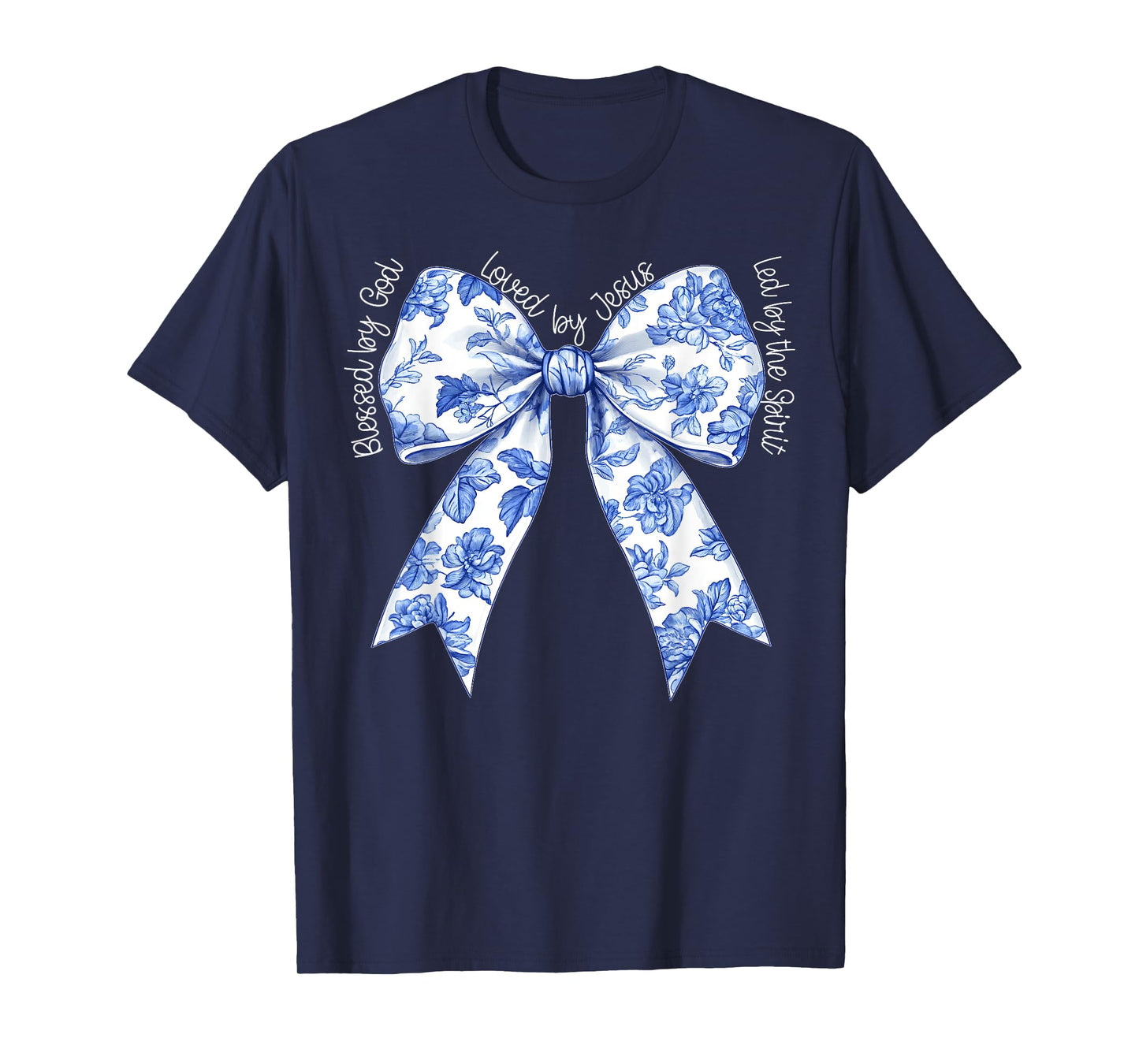 Blessed By God Loved By Jesus Blue Toile Coquette Bow T-Shirt