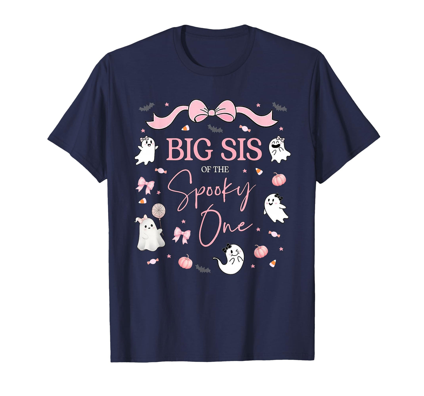Big Sis of The Spooky One Birthday Girl Pink Bow Halloween T-Shirt