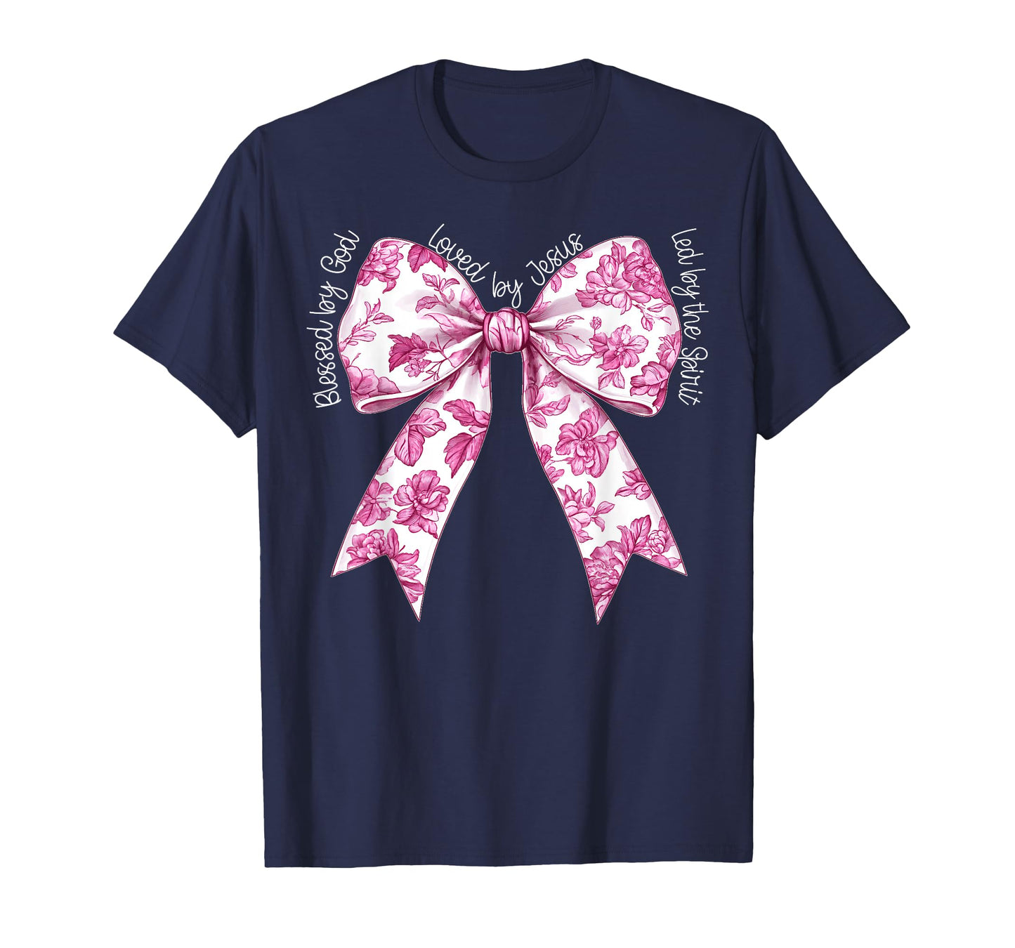Blessed By God Loved By Jesus Pink Toile Coquette Bow T-Shirt