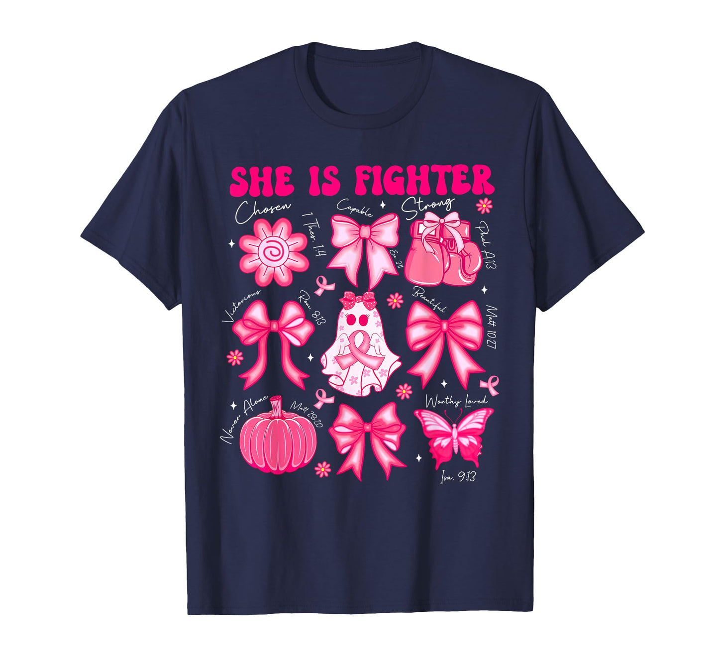 Breast Cancer Ghost Fighter Bible Verse Halloween Men Women T-Shirt