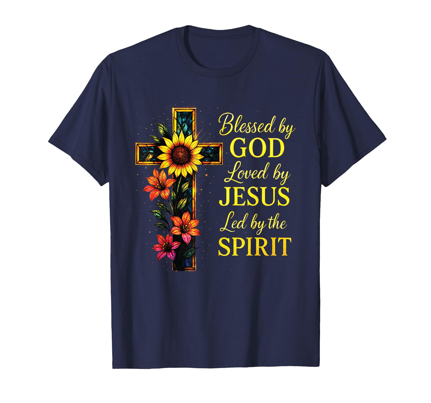 Blessed by God Loved by Jesus Stained Glass Cross T-Shirt