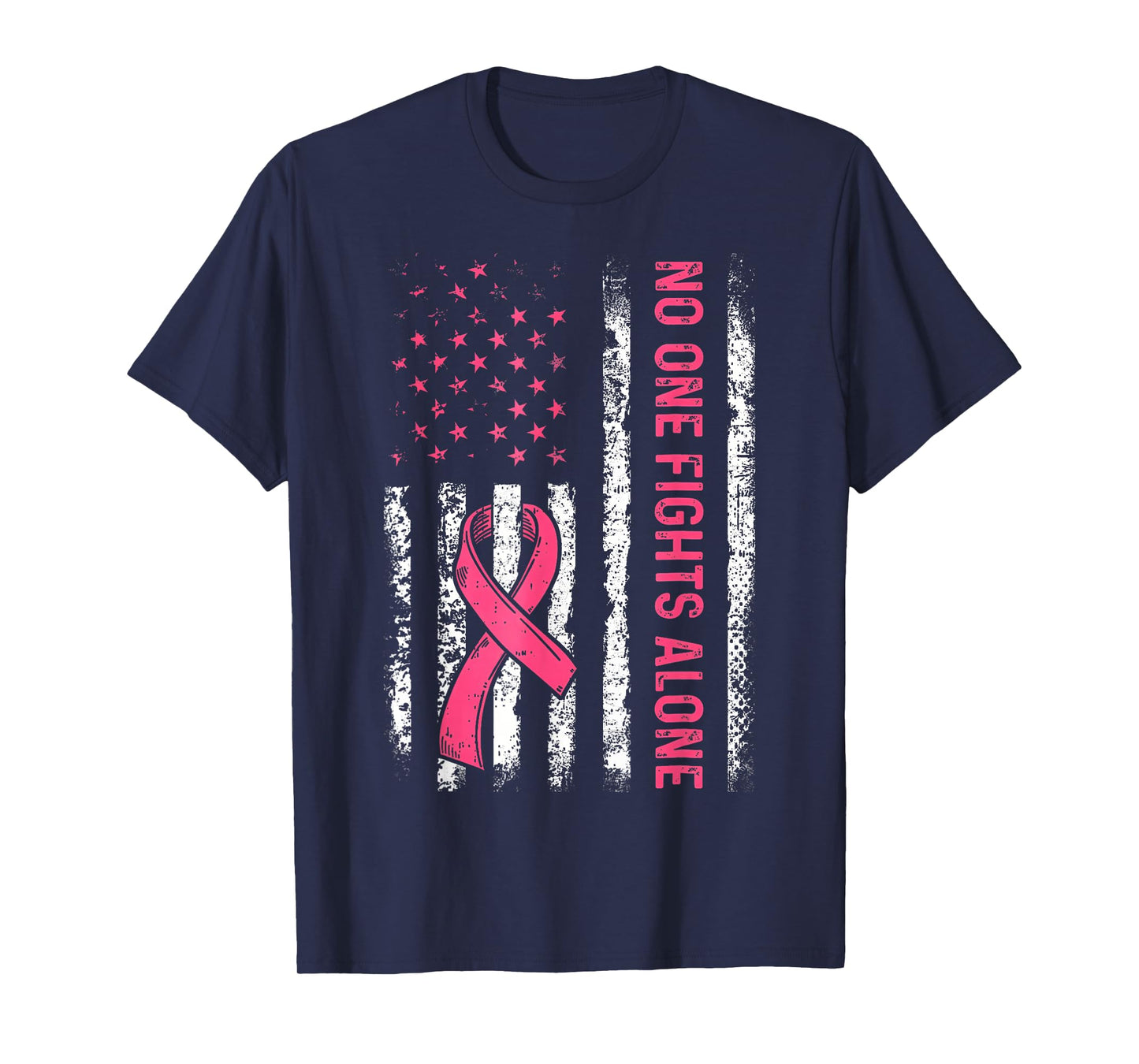 No One Fights Breast Cancer Alone American Flag Pink Ribbon T-Shirt