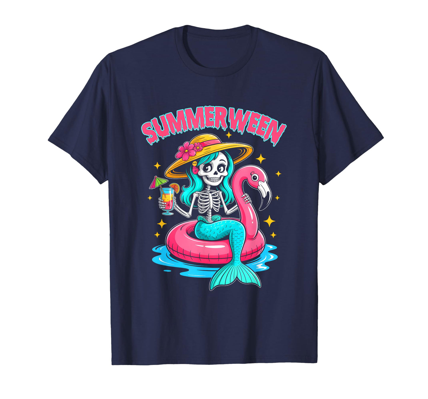 Summerween Mermaid Skeleton Halloween Flamingo Summer Vacay T-Shirt
