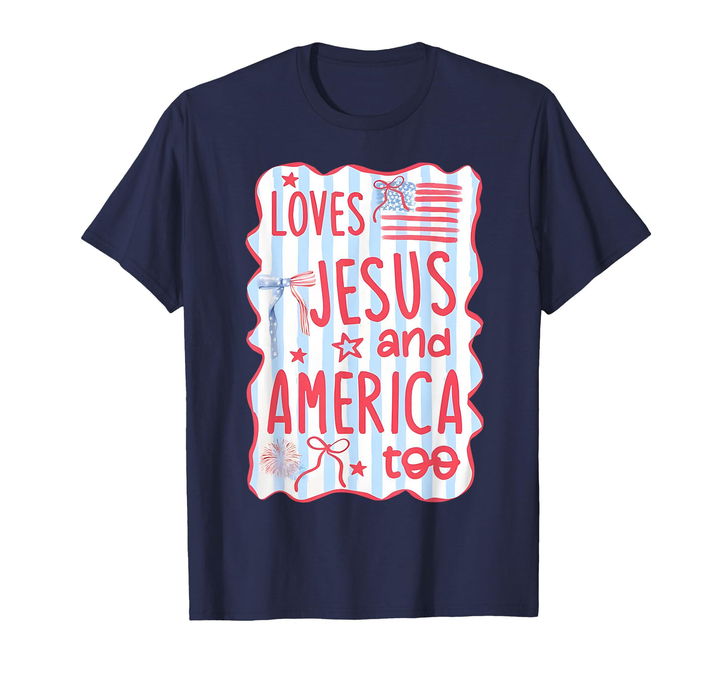 Coquette Bow Loves Jesus And America Too 4th Of July Womens T-Shirt