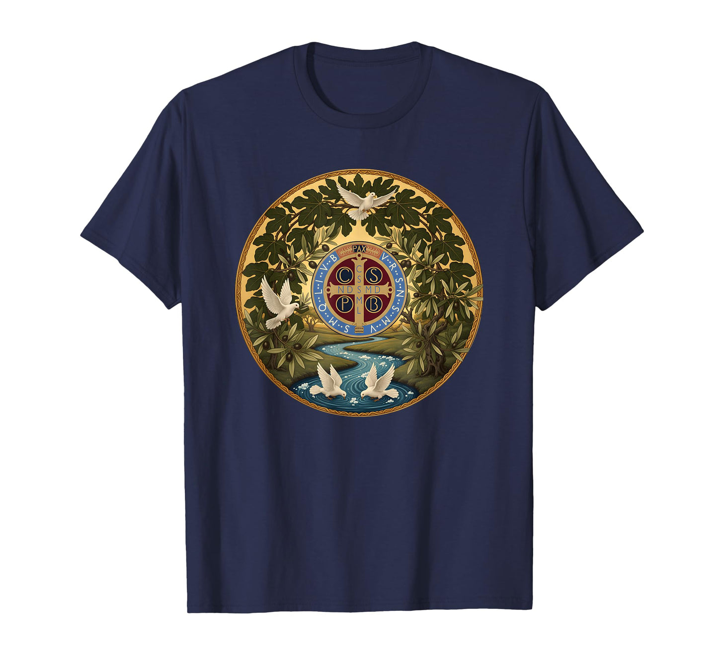 Sacred Saint Benedict Medal River Dove Fig Tree T-Shirt