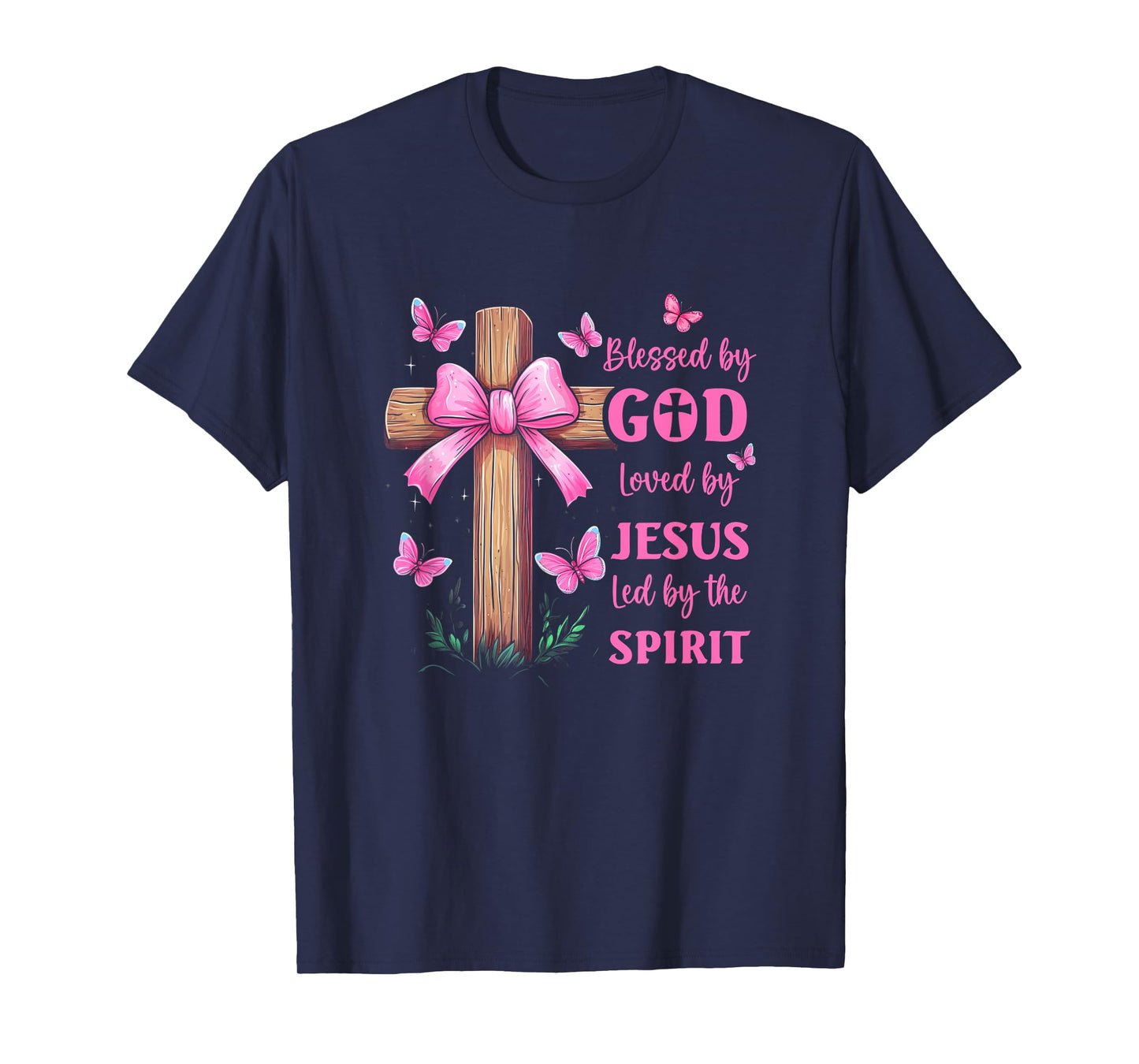 Blessed By God Loved By Jesus Pink Coquette Bow And Cross T-Shirt