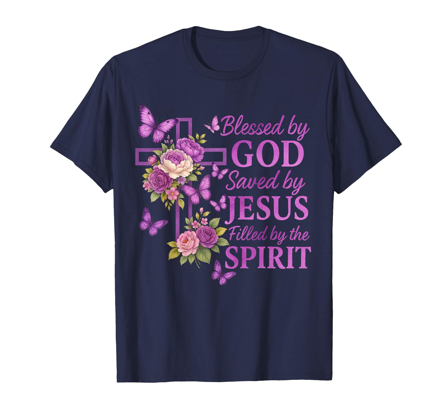 Blessed by God Saved by Jesus Purple Floral Cross Christian T-Shirt