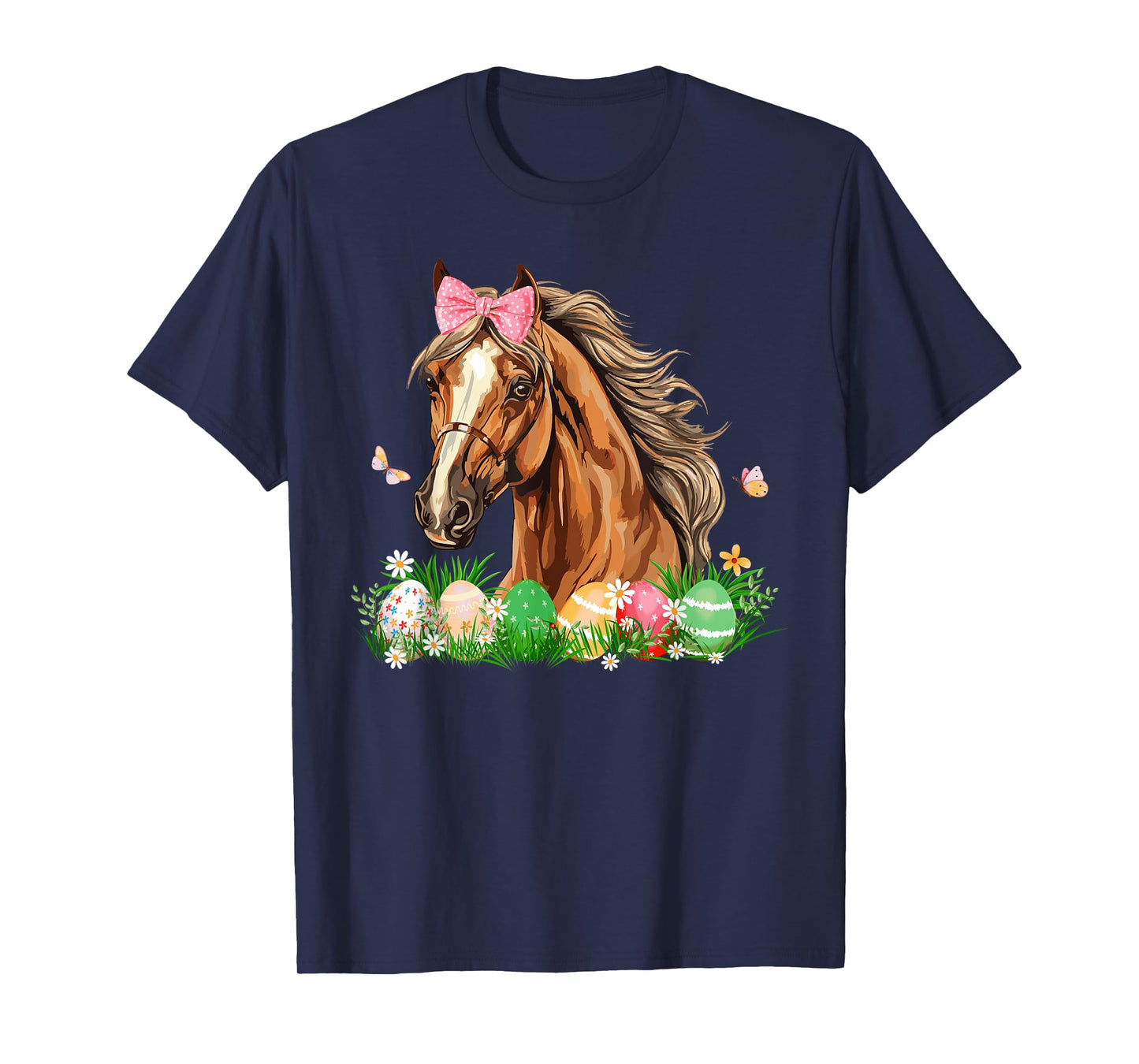Cute Horse With Bow Easter Eggs Easter Day Kids Girls Women T-Shirt