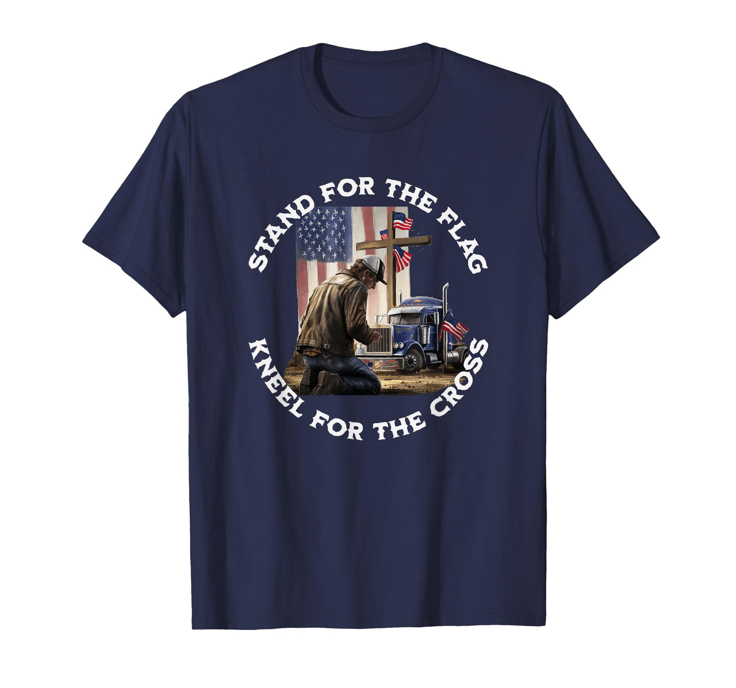 American Trucker Praying At The Cross & US Flag Christian T-Shirt